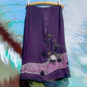Y2K BCBG 100% silk midi skirt w/ sheer floral embroidery